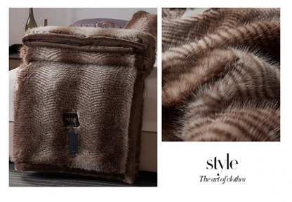 Patterned Brown faux fur luxe throw collage showing folded blanket and close-up of dense striped faux fur texture