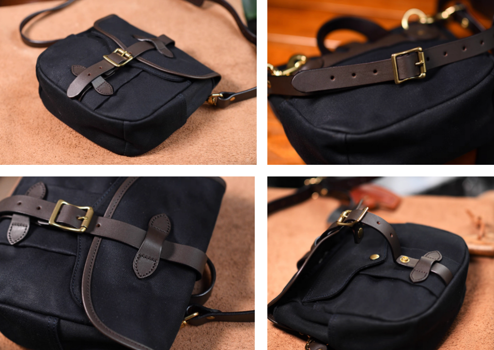 Detailed close-ups of Nomad Charcoal Black satchel showing buckle, strap, and stitching.