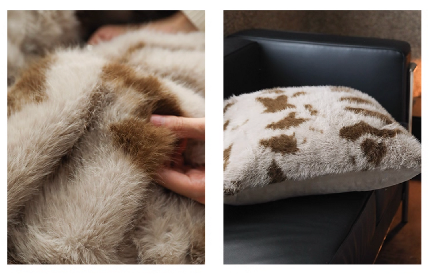 Close-up of brown cow print faux fur pillow with soft plush texture for living room decor