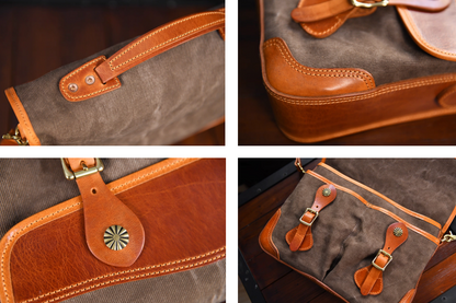 Macro collage showing stitching, brass hardware, and textured leather trim