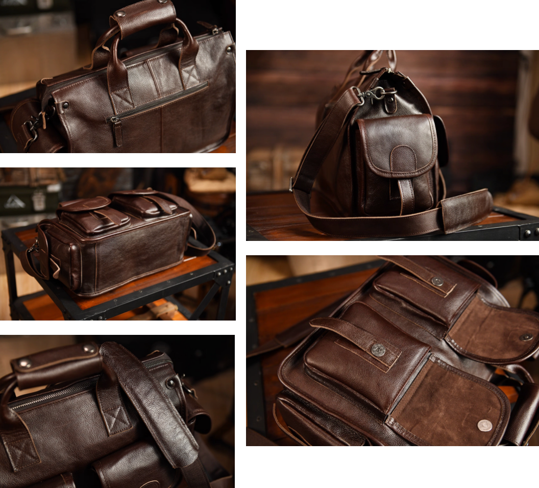 Multiple close-up shots of dark brown leather duffle showing pockets, side strap, and zipper details