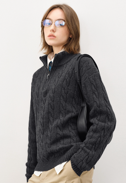 Fashion photo of dark grey half-zip cable knit sweater, styled with glasses and black shoulder bag