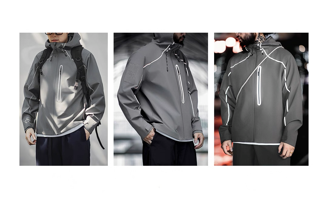 Three lifestyle scenes showing grey LIGHTSABER reflective jackets in urban and outdoor settings