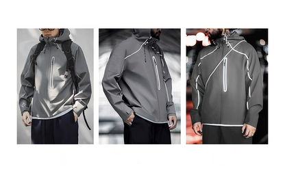 Three lifestyle scenes showing grey LIGHTSABER reflective jackets in urban and outdoor settings
