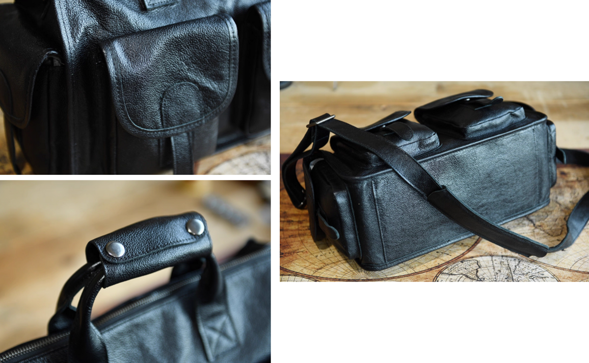 Close-up collage of black leather travel bag showing handle rivets, strap, and base structure