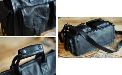 Close-up collage of black leather travel bag showing handle rivets, strap, and base structure