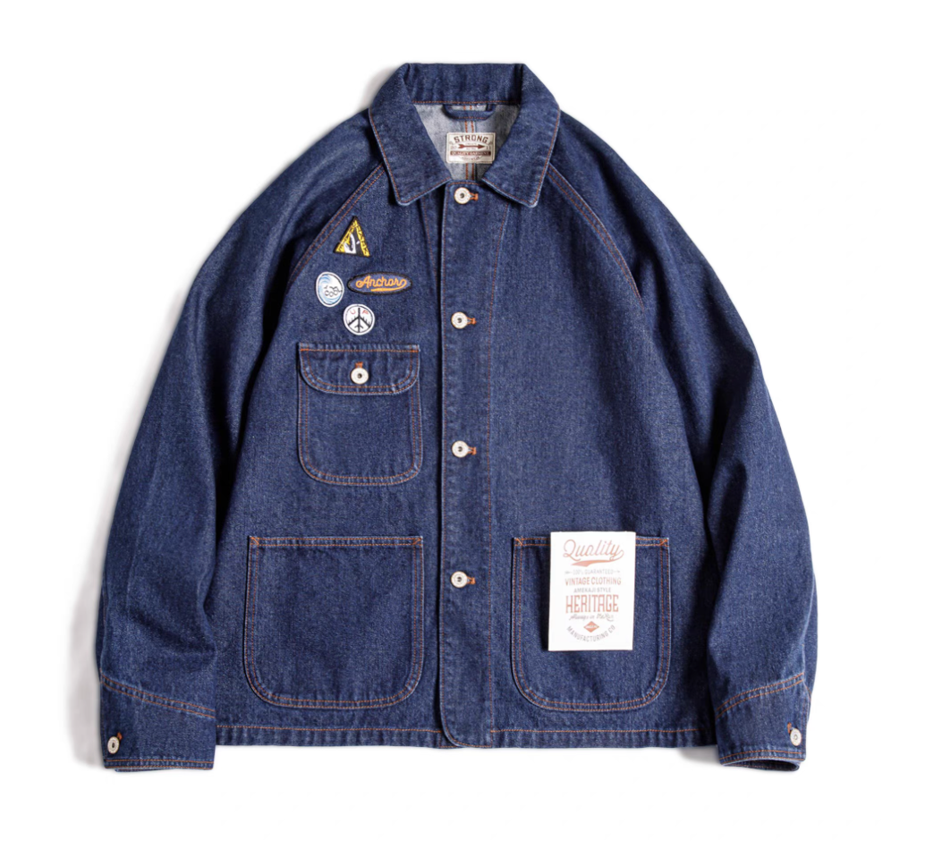 Heritage Denim Workwear Jacket flat lay with embroidered patches