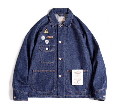 Heritage Denim Workwear Jacket flat lay with embroidered patches