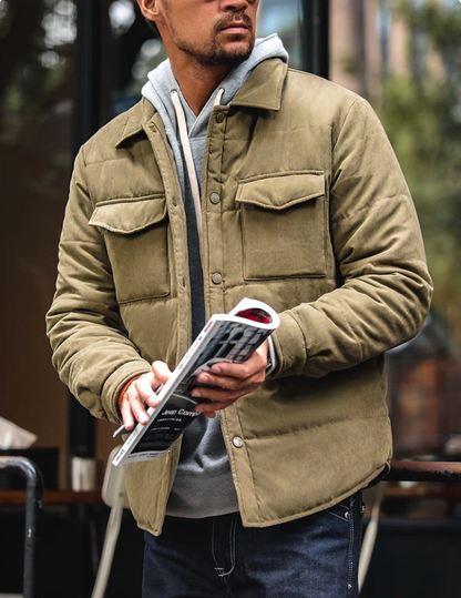 Model wearing Olive Green Peached Shacket layered over hoodie outdoors