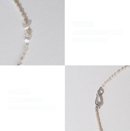 Detail view of baroque pearl and stone necklace showing natural freshwater pearls, stone beads, and silver clasp closure