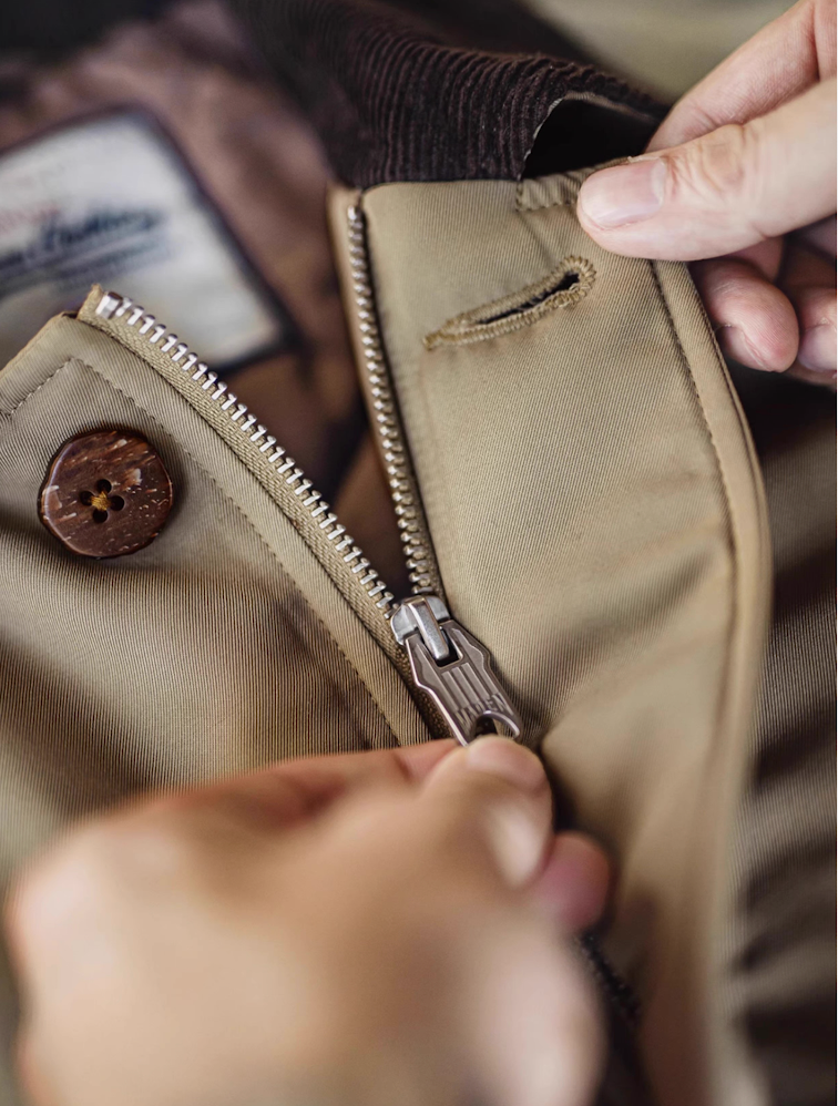Zipper and button placket close-up showing dual-closure design