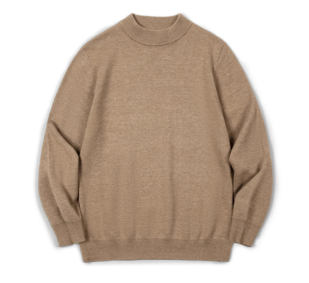 Sand beige men’s half-turtleneck sweater flat lay front view