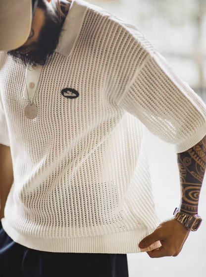 Hollow Knit Short-Sleeve Polo Sweater