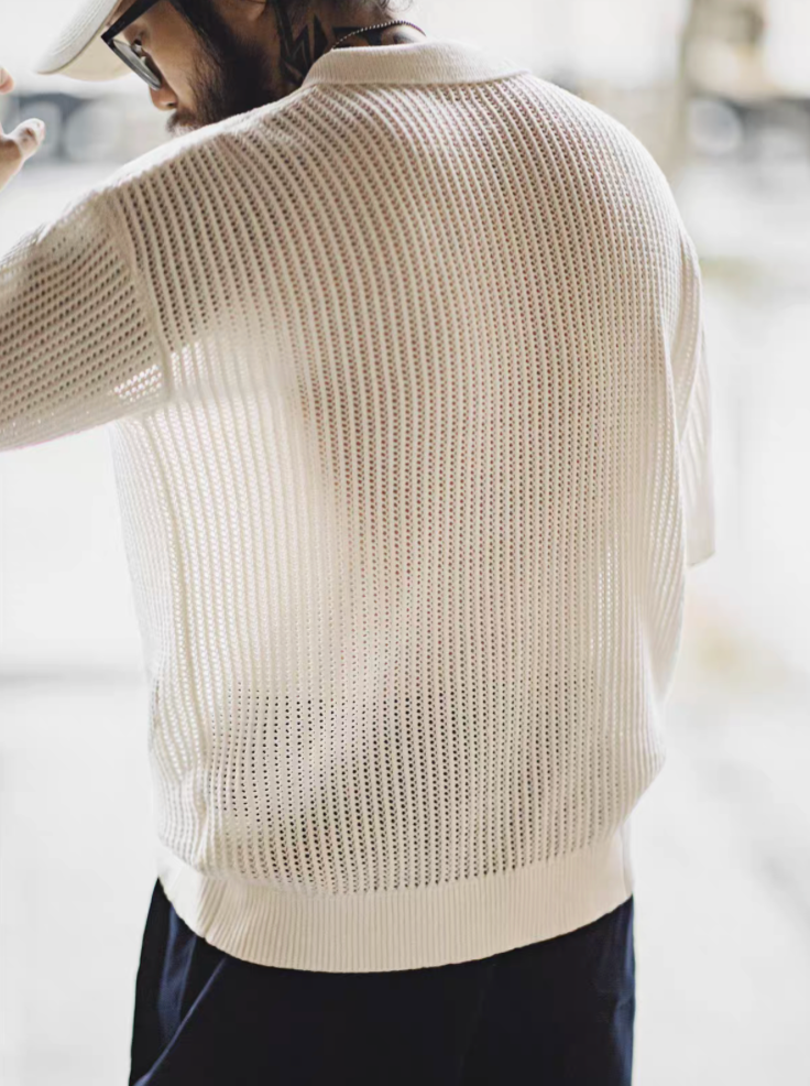 Hollow Knit Short-Sleeve Polo Sweater