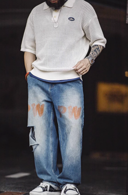 Hollow Knit Short-Sleeve Polo Sweater