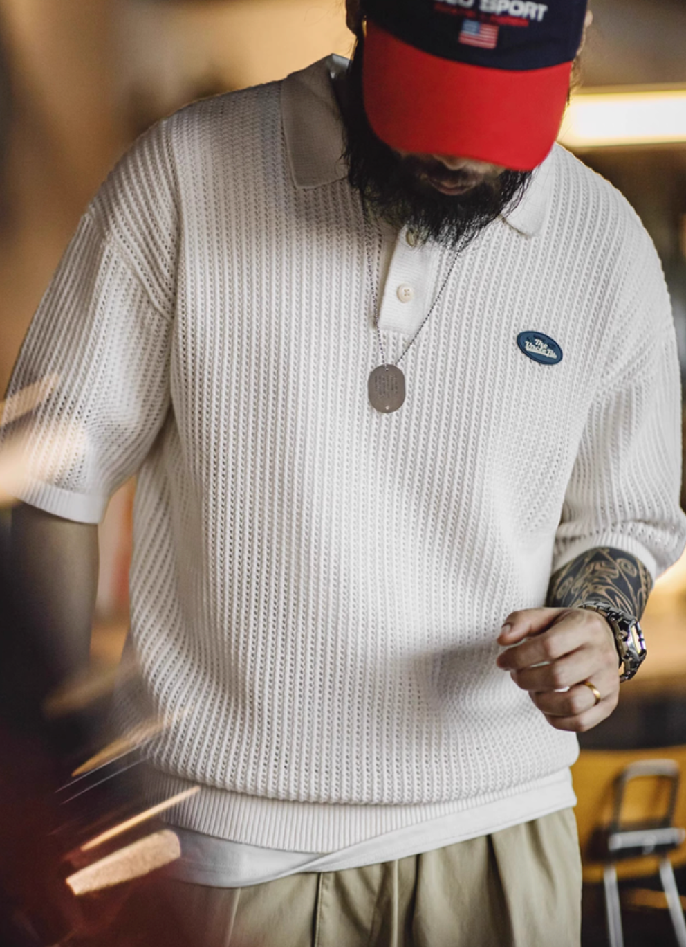 Hollow Knit Short-Sleeve Polo Sweater