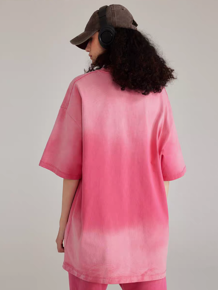 Casual gradient oversized t-shirt in rose red worn by model back view