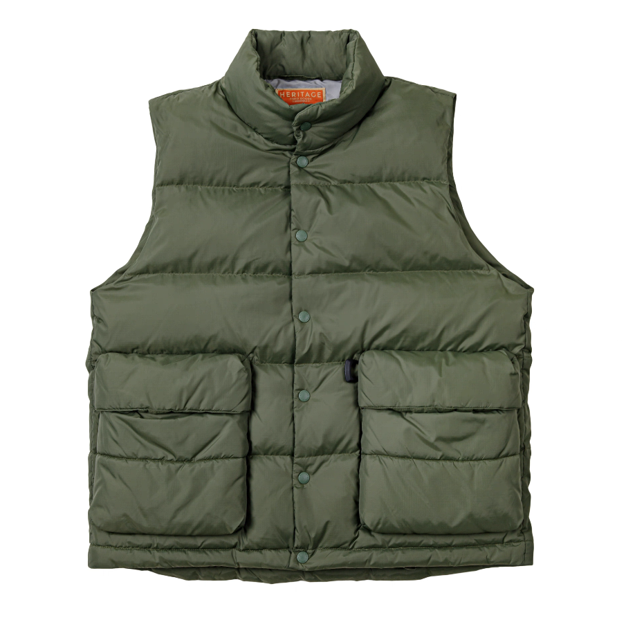 Heritage Down Vest in Army Green front flat lay with snap buttons