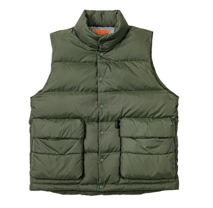 Heritage Down Vest in Army Green front flat lay with snap buttons