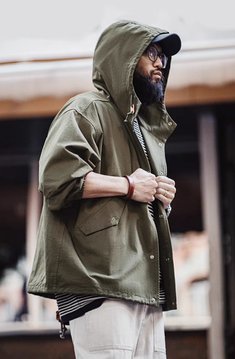 Side view of Simple M-51 short parka with hood up