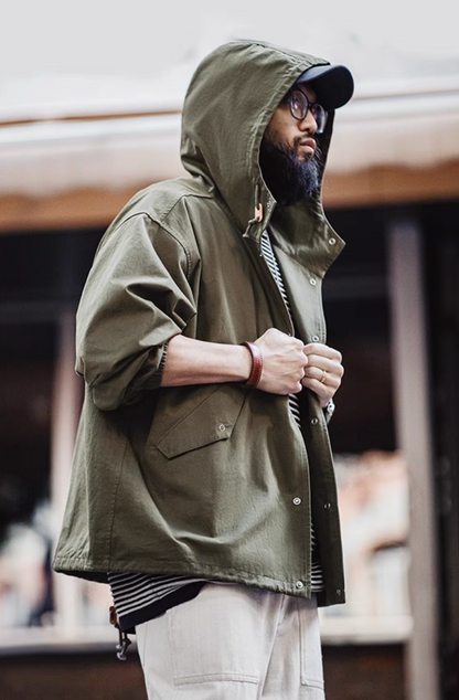 Side view of Simple M-51 short parka with hood up