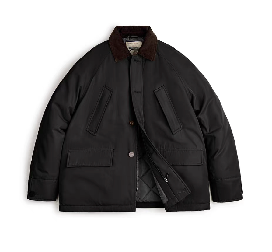 Black safari workwear jacket with brown corduroy collar and quilted lining