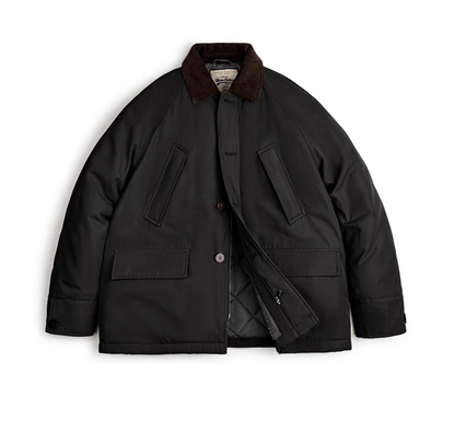 Black safari workwear jacket with brown corduroy collar and quilted lining