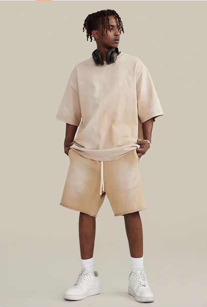 Casual gradient oversized t-shirt and shorts set in khaki worn by model front view