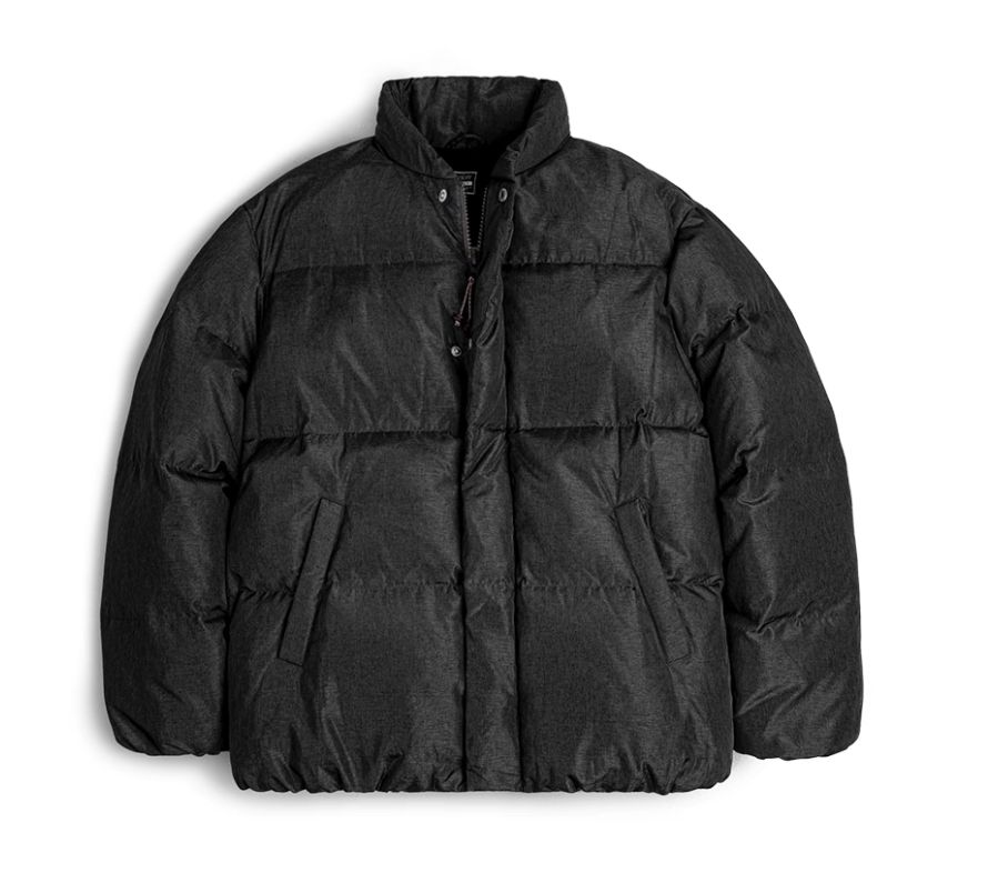Dual-Tone Down Jacket in black shown flat with snap collar and zip closure