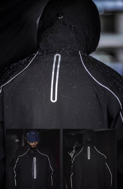 Rear reflective stripe and water-repellent surface of black LIGHTSABER jacket