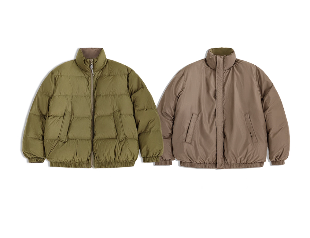 Flat lay of Reversible Down Jacket in army green and beige, both sides visible