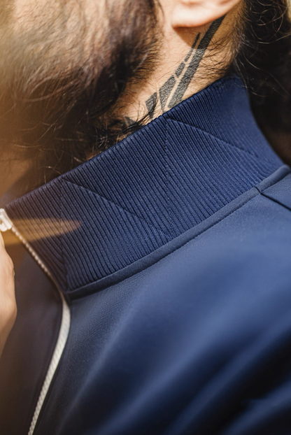 Close-up of ribbed collar and zigzag stitch on Riverdale Run jacket