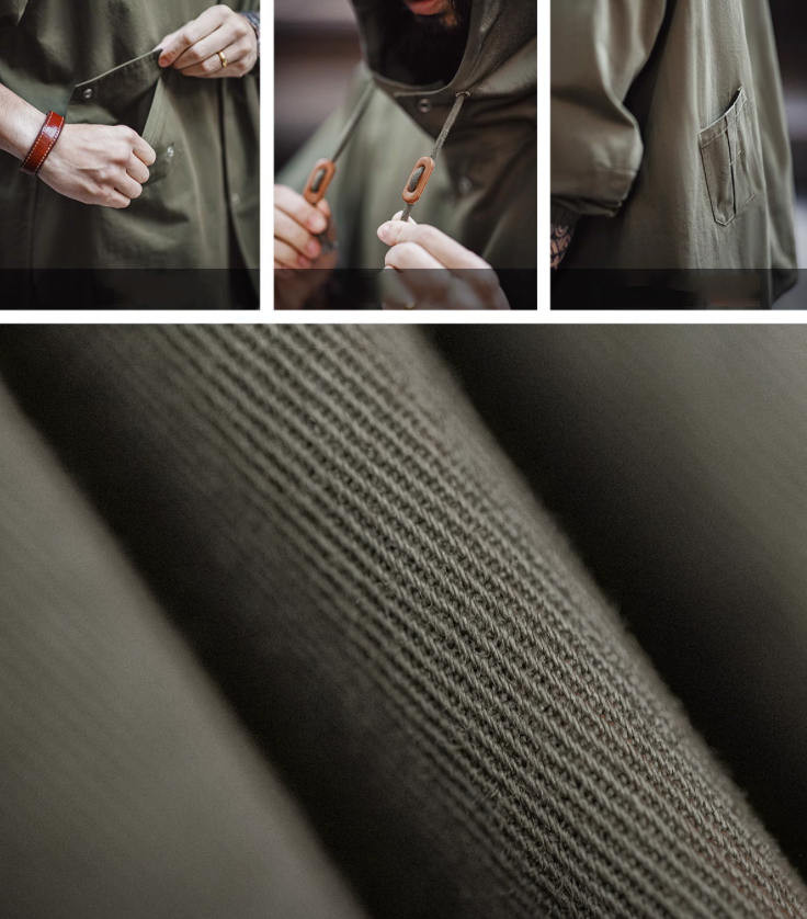 Close-up of M-51 jacket pocket, hood drawcord toggle, and cotton texture