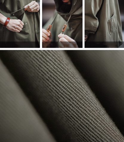 Close-up of M-51 jacket pocket, hood drawcord toggle, and cotton texture