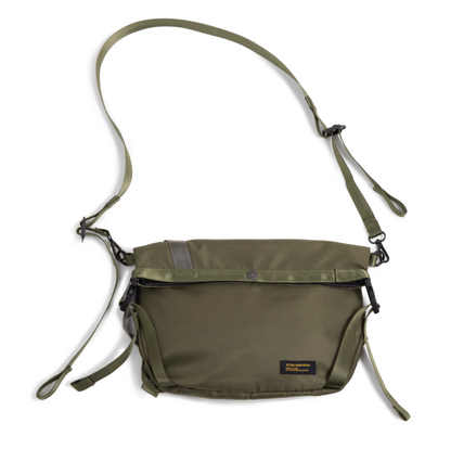 Yama Style Water-Resistant Crossbody Bag in olive green flat lay