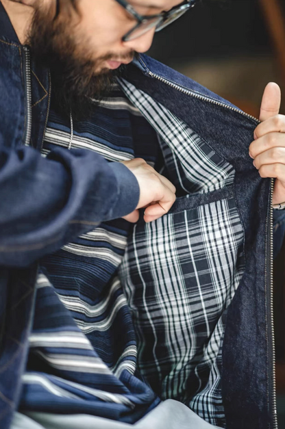 Model showing interior plaid flannel lining and hidden inner pocket