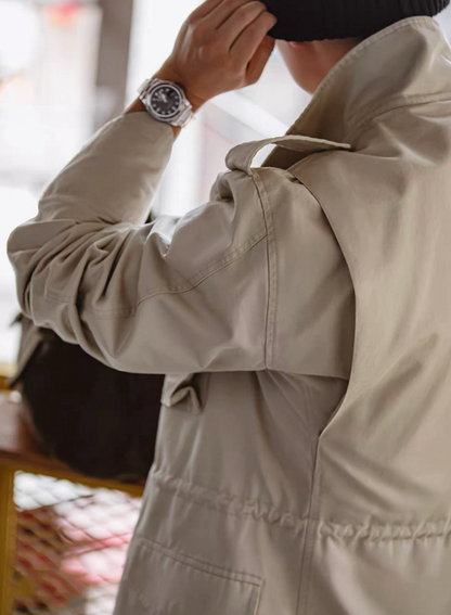 Shoulder epaulet detail on Heritage M65 Field Jacket showing military precision
