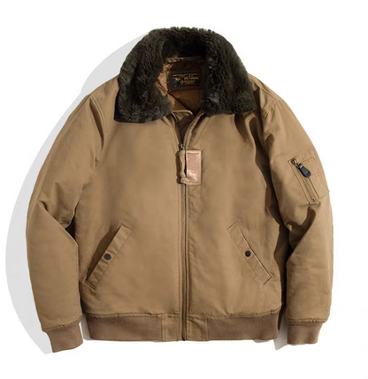 Khaki B-15 bomber jacket front view with brown faux fur collar