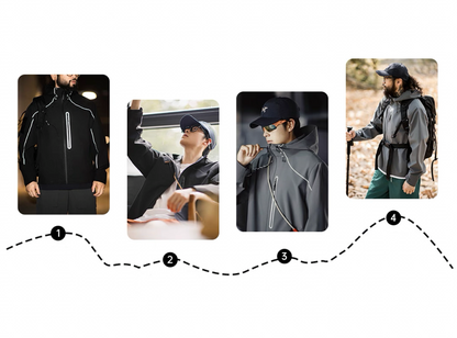 Lifestyle collage showing both black and grey LIGHTSABER jackets in daily use
