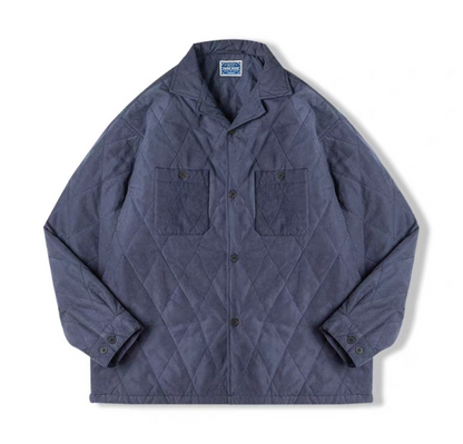 Navy blue men’s quilted peach-skin jacket front view