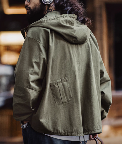 Back view showing rear utility pocket on Simple M-51 Cotton Jacket