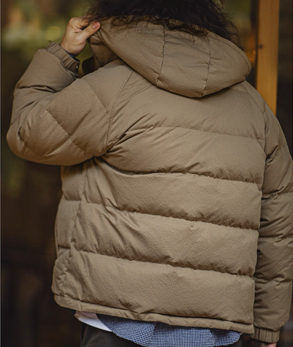 Back view of khaki Urban Shield Down Jacket showing horizontal quilting