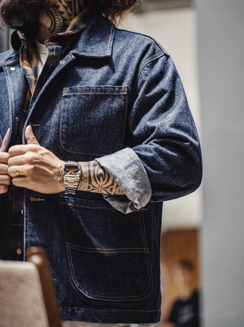 Cuff and double-stitch detail on Denim 4-Pockets Work Coat