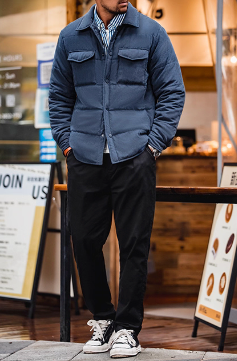 Full-body view of model in Midnight Blue Peached Shacket styled casually