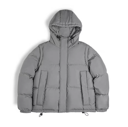 Versatile Parka in grey flat display with detachable sleeves visible