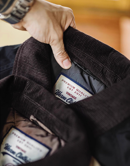 Close-up of corduroy collar label showing premium craftsmanship