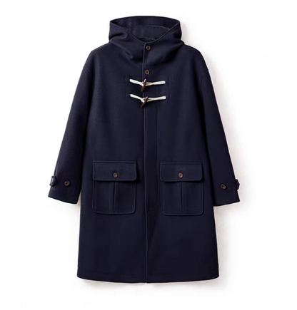 Navy blue men’s hooded toggle duffle coat front view