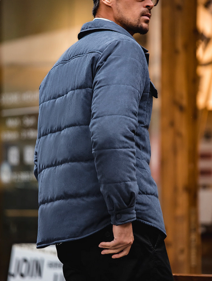 Back angle of Midnight Blue Softshell Puffer Overshirt highlighting quilt panels