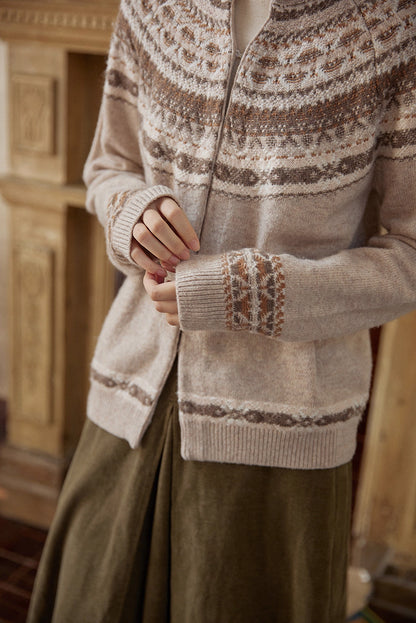 Close-up of sleeve and button detail on Fair Isle cardigan showing fine jacquard knit