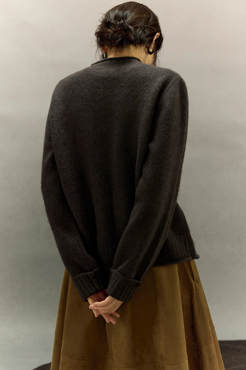 Full back view of charcoal yak wool round-neck cardigan with ribbed hem and long sleeves